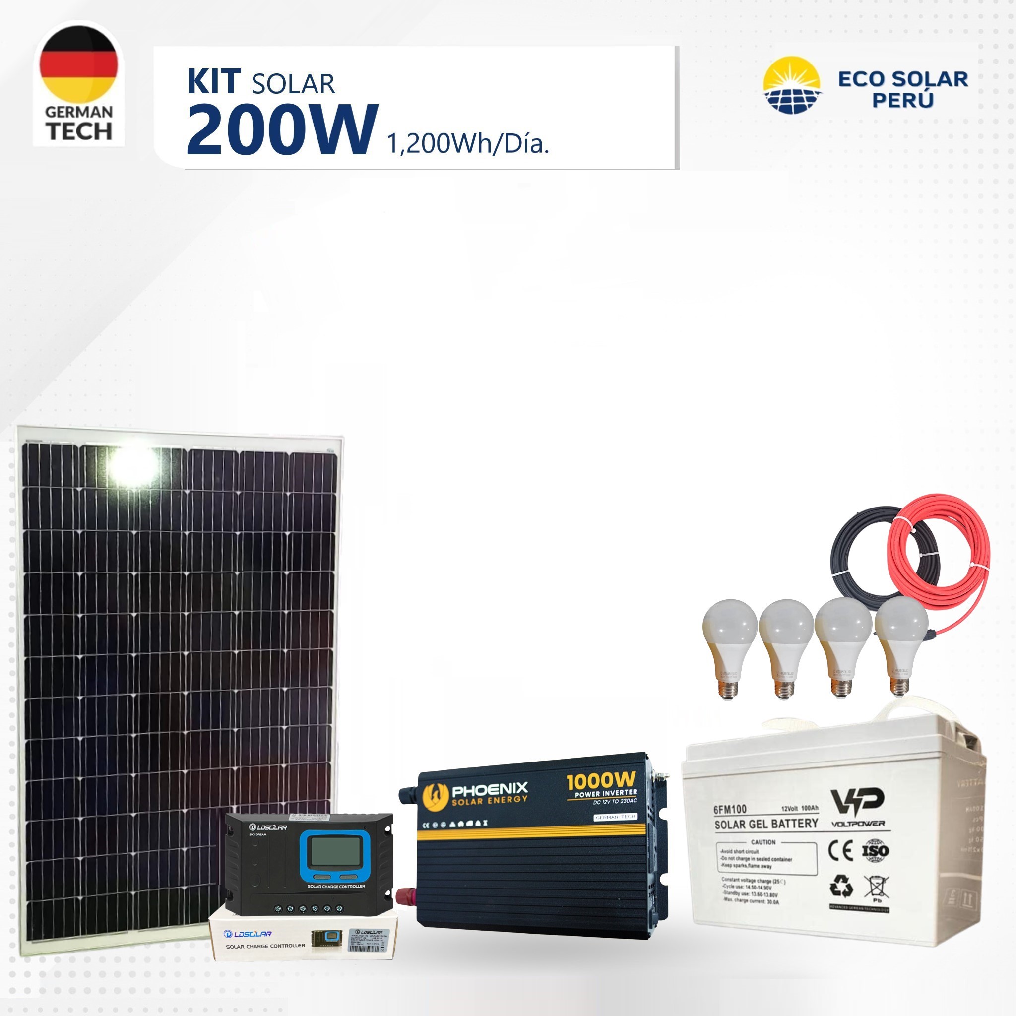 Kit Solar 200W / 1,200Wh Día.